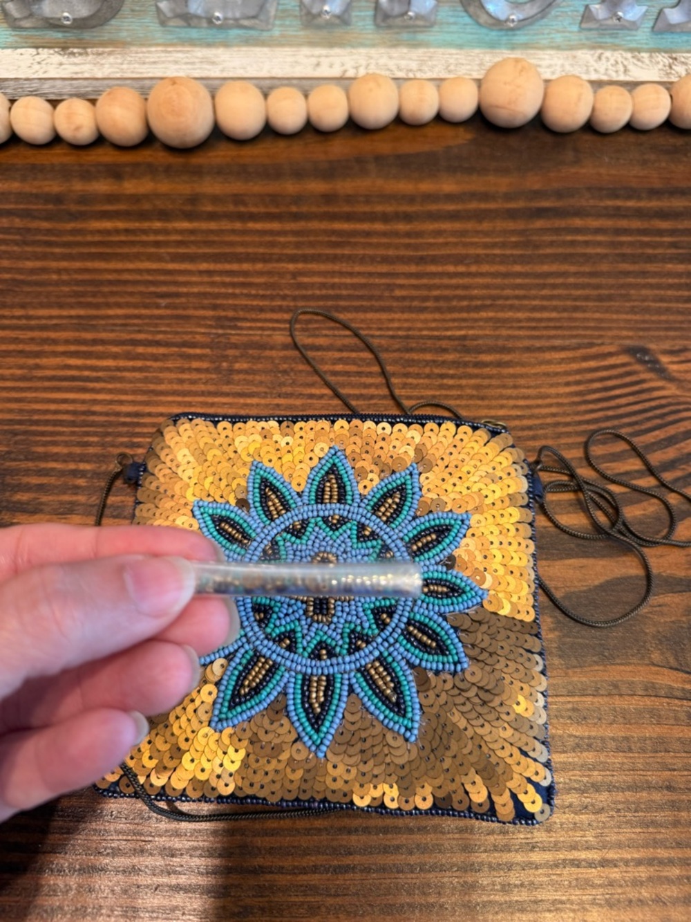 Vintage David Jeffery Beaded Sequin Mini Crossbody Bag Gold Blue Boho 5.5” NWOT - Picture 5 of 5